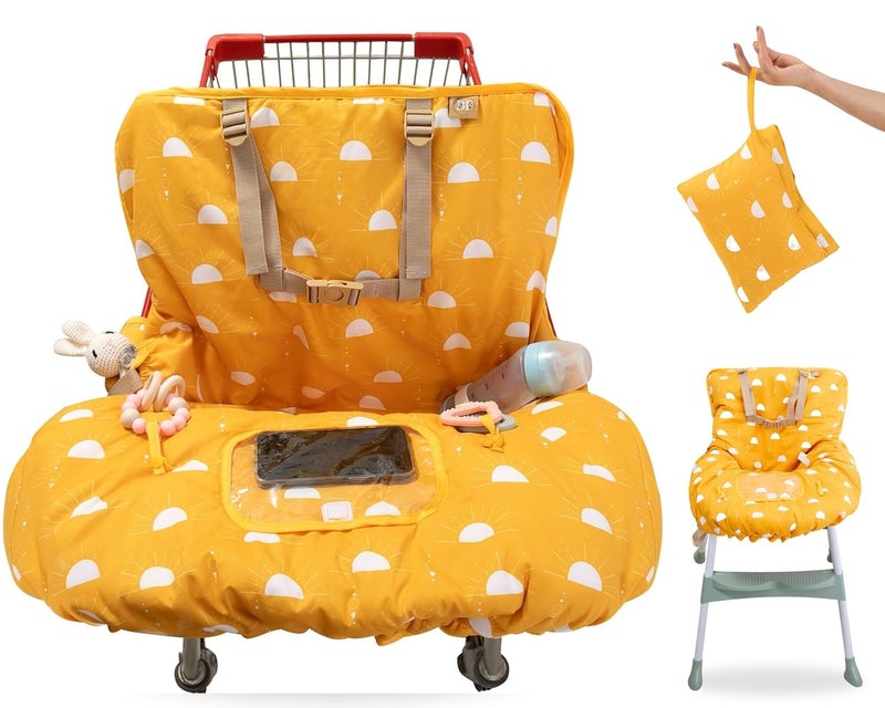Delfin 2-in-1 Baby Shopping Cart & High Chair Cover – Water-Resistant Padded Grocery Cart Seat Liner with Phone Pouch, Toy Loops & 360° Protection – Anti-Slip, Foldable, Travel Friendly Gender-Neutral Yellow - Image 1